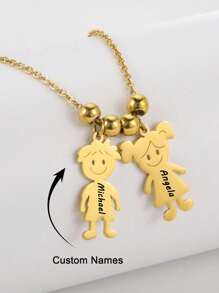 Personalized Boy Girl Kids Pendant Necklace Custom Name Family Gift For Women Men Stainless Steel Pendant Engraved Names Date Beads Chain Necklace Engagement Jewelry Couple Gifts Friendship Gifts - Gold - View 2
