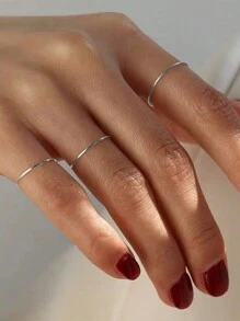 Nooxian Bộ 3 chiếc nhẫn xếp chồng bằng thép không gỉ bạc đánh bóng dành cho nữ - Bạc - Xem 5