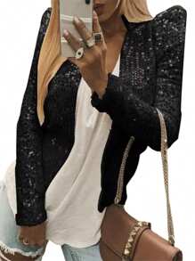 Women Jacket, Long Sleeve Open Front Sequined Fall Ladies Cardigan For Club Party - Black - View 3