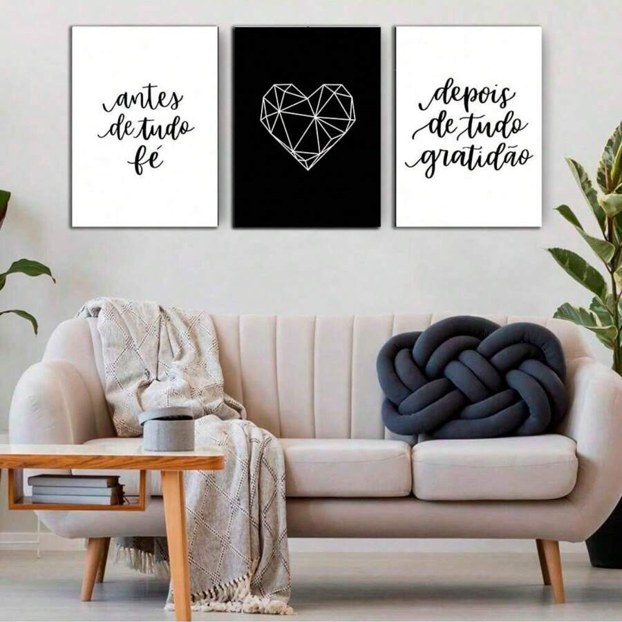 Kit 3 Placas MDF Quadros para decoração, Decorativos, Antes de Tudo Fé, Depois de Tudo Gratidão, Coração, Conjunto de quadros - Coral - Visão 1