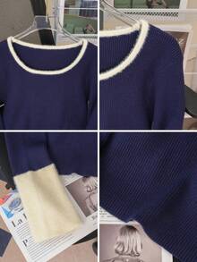 1件女款優雅修身拼色短版毛衣，U領長袖保暖內裡，適合秋冬穿著 - 藏青色 - 查看 9