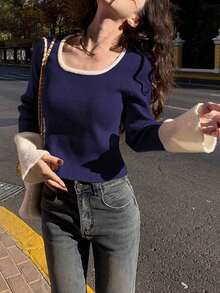 1件女款優雅修身拼色短版毛衣，U領長袖保暖內裡，適合秋冬穿著 - 藏青色 - 查看 3