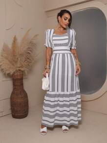 Elegant Women's Long Dress With Printed Flared Sleeves, Elastic Back, Padded, Comfortable Lining - 灰色 - 查看 2