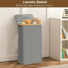 Cesto de ropa estrecho con tapa, de 65L, cesta de ropa con asas de bambú, cesto alto y delgado plegable para dormitorio, baño, dormitorio universitario, lavandería