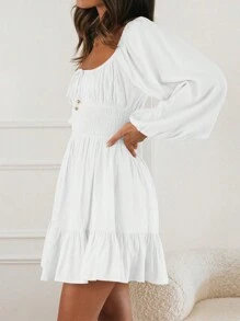 Women's Spring Autumn Short A-Line Dress Long Sleeve Square Neck Ruched Tie Up Party Dress - White - View 5
