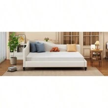 Full Size L-Shaped Linen Daybed With Solid Wood Legs Beige OLD SKU: SF000146AAA