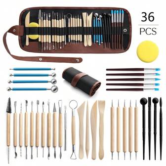 36pcs Ceramic Art Tools Set, Includes Dotting Pen, Soft Clay, Sculpting Knife, Clay Texture Stamps