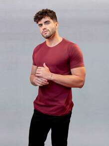 Men's Basic Slim Fit Plain Egyptian Cotton T-Shirt - 紅木色 - 查看 3