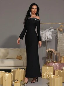 Modphy Luxury Sparkly Rhinestone Off Shoulder Long Sleeve Solid Color Bodycon Maxi Bandage Dress, Elegant Ladies Wedding, Formal Party, Eid Festival Gown,Evening,Wedding Guest