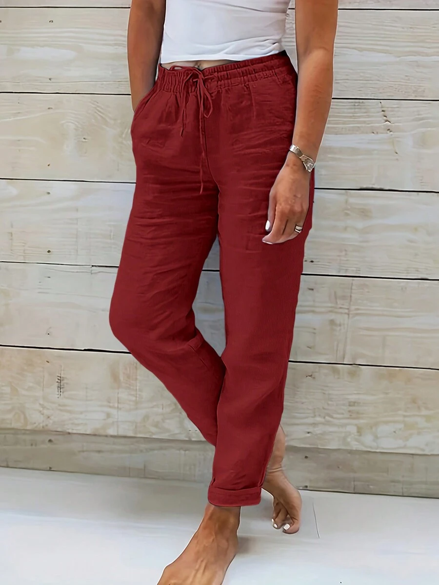 Jisfaneya Women's Solid-Color Drawstring Waist Casual Pants With Pockets - Burgundy - View 1