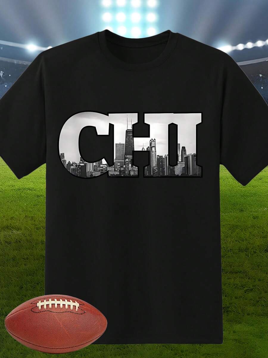 Camiseta clásica de cuello redondo de algodón con estilo retro de fútbol de Chicago para hombre, cómoda y casual - Negro - Ver 1