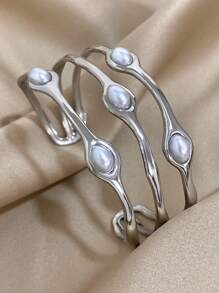 1 Pc Elegant Stackable Bangle Bracelets For Women Teen Girls Faux Pearl Bracelets Stainless Steel Daily Party Jewelry Christmas Gifts