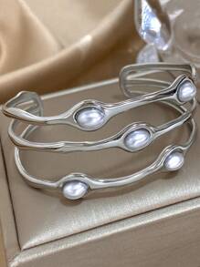 1 Pc Elegant Stackable Bangle Bracelets For Women Teen Girls Faux Pearl Bracelets Stainless Steel Daily Party Jewelry Christmas Gifts