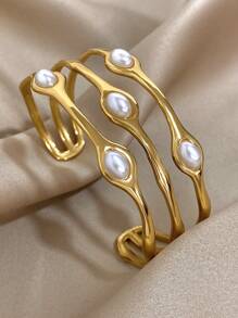 1 Pc Elegant Stackable Bangle Bracelets For Women Teen Girls Faux Pearl Bracelets Stainless Steel Daily Party Jewelry Christmas Gifts