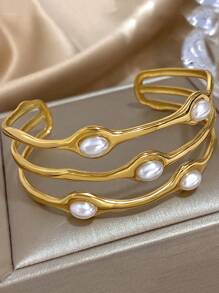 1 Pc Elegant Stackable Bangle Bracelets For Women Teen Girls Faux Pearl Bracelets Stainless Steel Daily Party Jewelry Christmas Gifts
