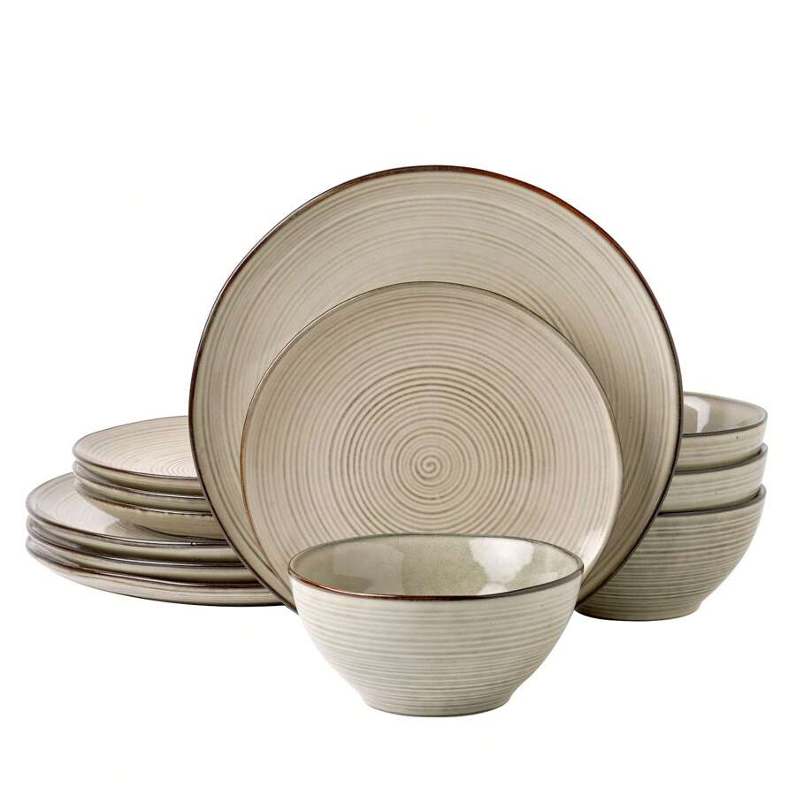 Richmount 12-Piece Plates And Bowls Sets, Reactive Glaze Stoneware Dishes Set For 4 - 黃綠Castle Wall - 查看 1