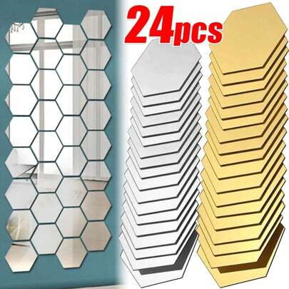 6/12/24Pcs 3D Hexagon Mirror Wall Stickers DIY Wall Mirrors Sticker Removable Self Adhesive Aesthetic Mosaic Tiles Decals Home Decoration