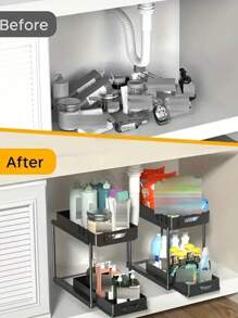 1pc Kitchen Sink, Bathroom Simple Storage Rack, Pull-Out Storage Rack, Multi-Function Storage Rack, Home Supplies, Bathroom - Black - View 6