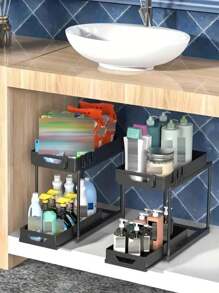 1pc Kitchen Sink, Bathroom Simple Storage Rack, Pull-Out Storage Rack, Multi-Function Storage Rack, Home Supplies, Bathroom - Black - View 7