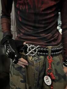 黑色复古铆钉全印花刀扣加大码男士腰带，哥特朋克嘻哈合金扣PU皮革，百搭时尚街头风配饰，适合日常夏季、秋季上学、万圣节秋冬等场合，适合青少年、青年、男士，休闲、户外、运动、度假、毕业礼物、生日礼物、日常穿着 - 黑色 - 查看 2