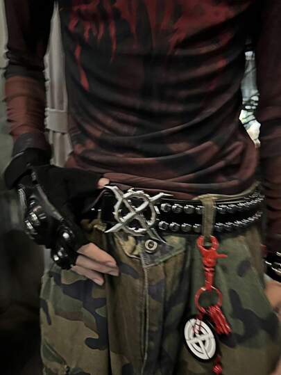 黑色复古铆钉全印花刀扣加大码男士腰带，哥特朋克嘻哈合金扣PU皮革，百搭时尚街头风配饰，适合日常夏季、秋季上学、万圣节秋冬等场合，适合青少年、青年、男士，休闲、户外、运动、度假、毕业礼物、生日礼物、日常穿着