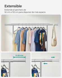 SONGMICS Perchero Burro Extensible con Carga Pesada, Burro Ropa con Ruedas, Carga de 90 kg, Montaje Sencillo, Portátil, Plata MHSR13S - Plateado - Ver 6