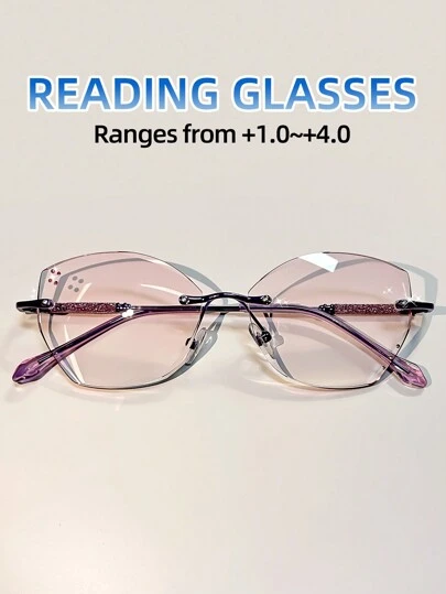 1 件优雅紫色渐变闪亮水钻老花镜，无框边缘时尚眼镜 +1.0 至 +4.0 屈光度，舒适且易于佩戴