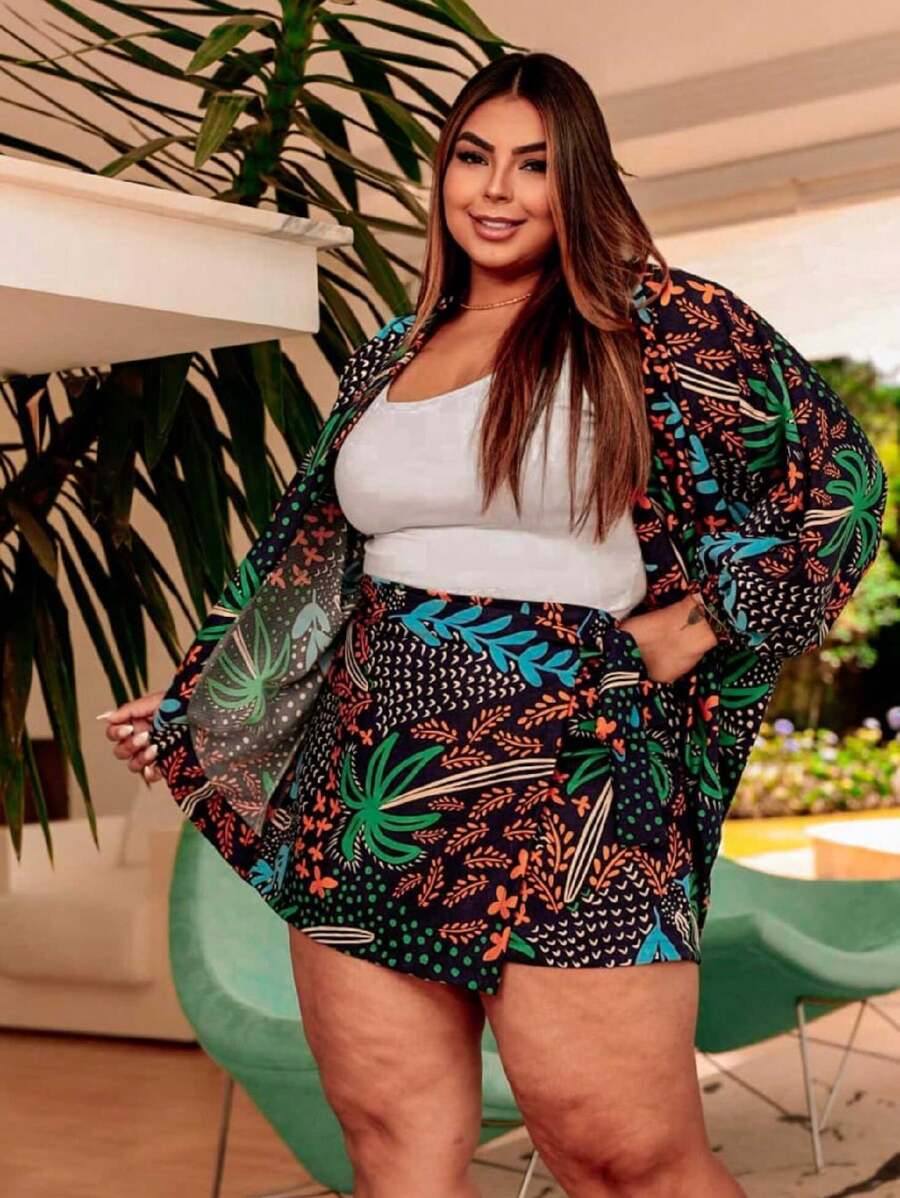 Plus Size 2-Piece Shorts And Kimono Set - Negro Estampado Azul - View 1