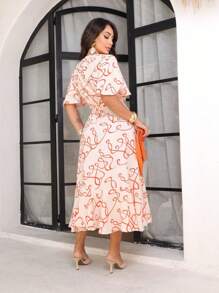 Women's Wrap Dress With Printed Ruffles - 橘色 - 查看 2