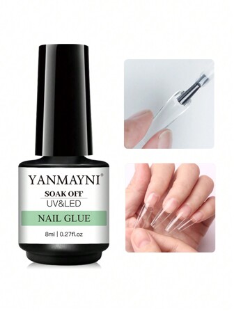 1入組(8g)超強UV/LED燈凝膠指甲膠，甲片自黏膠，需要燈光固化，人工美甲黏裝專用，附刷子，專為假甲設計的長效黏合劑，適用於家庭DIY和沙龍使用。