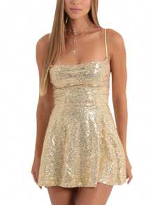 Womens Sparkly Sequin Mini Dress Shiny Spaghetti Strap Short Dress Glitter Disco Slip Dress Cocktail Party Club Streetwear