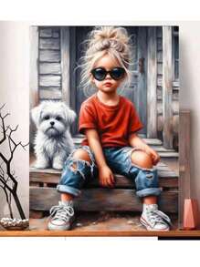 梦幻女孩和狗 DIY 钻石画十字绣套件马赛克水钻刺绣套件家居墙面装饰卡通礼物 - 彩色 - 查看 1