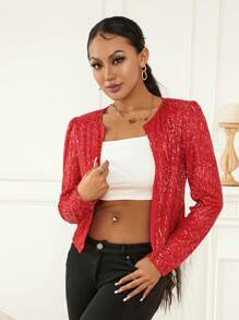 Women Jacket Long Sleeve Open Front Sequined Spring Ladies Cardigan For Club Party - Red - View 2