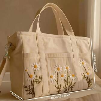 花卉图案帆布斜挎包，配有多个口袋和可调节肩带，加固单肩包，时尚整齐的缝线和衬里
