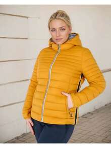 Chaqueta acolchada para mujer, talla grande, acolchada, ligera, con capucha, plegable - Amarillo - Ver 2