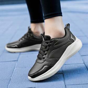 1 Pair Black Leather Sports Shoes For Women, Spring/Autumn 2024 New Casual Lightweight Running Travel Shoes, Fashionable Solid Color Running Shoes, Lightweight & Comfortable; 1 Pair White Solid Color Lace-Up Casual Sports Shoes For Women, Anti-Slip Road Running Shoes