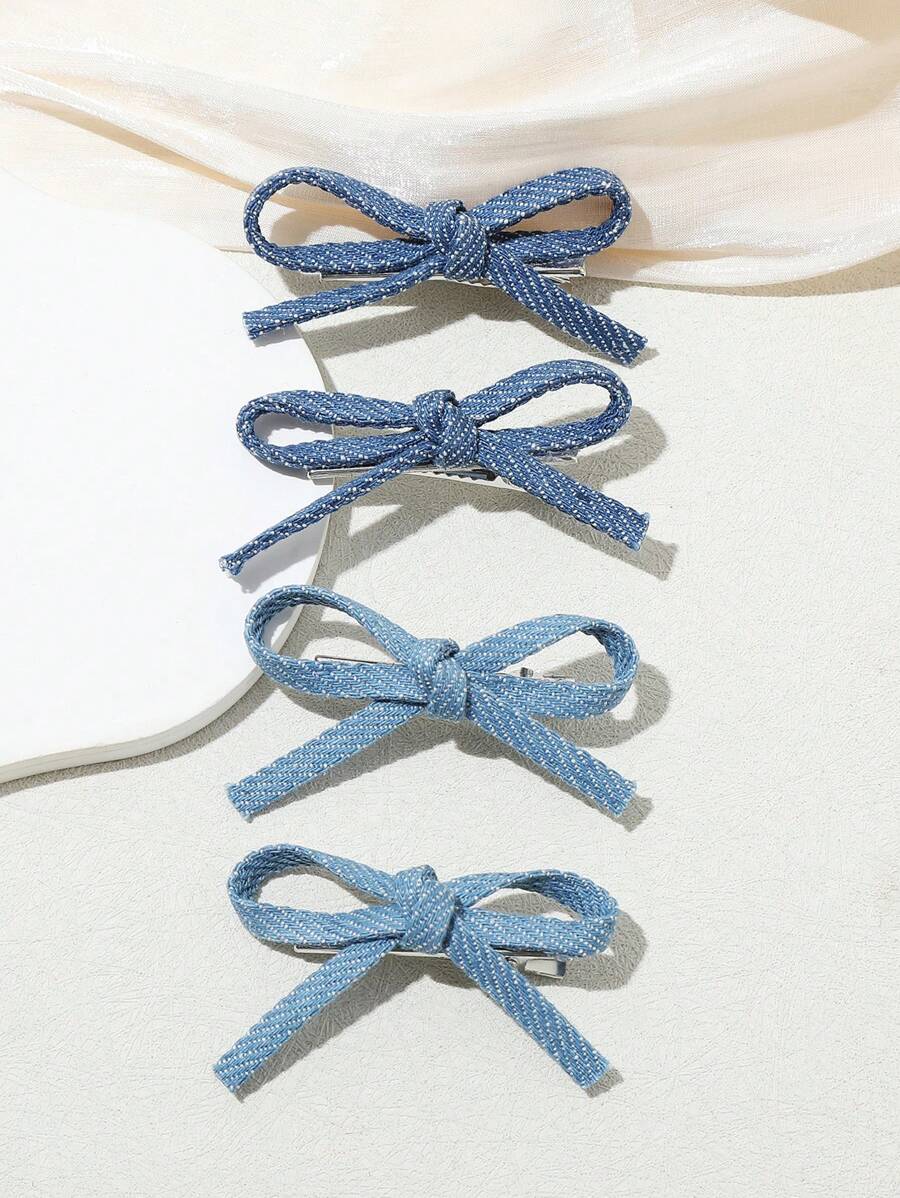 4 件 Y2K 风格牛仔蝴蝶结发夹，适合侧刘海和长辫子 - 彩色 - 查看 1