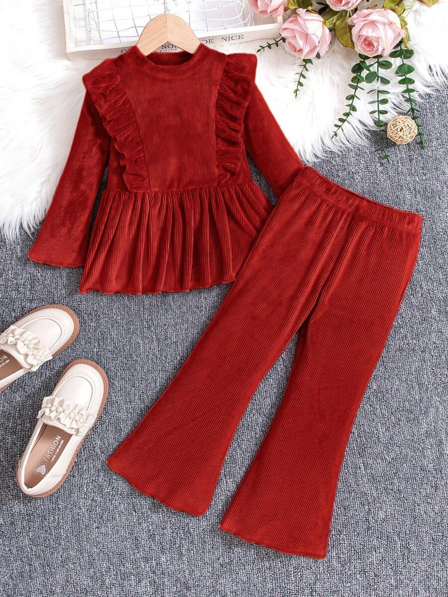 女童休闲针织粉色莲花荷叶边长袖上衣+喇叭裤两件套，春秋冬季 - 紅色 - 查看 1