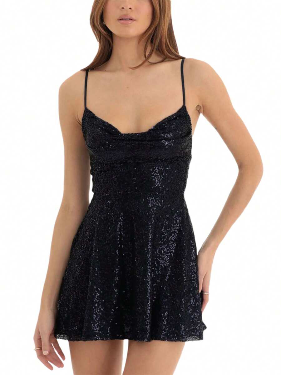 Women Shiny Sequins Dress Summer Backless A-Line Mini Party Dress For Cocktail Beach Streetwear - màu đen - Xem 1