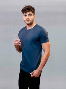 Men's Basic Slim Fit Plain Egyptian Cotton T-Shirt - Navy Blue - View 3