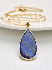 Dây chuyền mặt dây chuyền bằng thép không gỉ hình giọt nước viền vàng Lapis Lazuli thiên nhiên Bohemian cổ điển dành cho nam và nữ - Nhiều màu - Xem 13