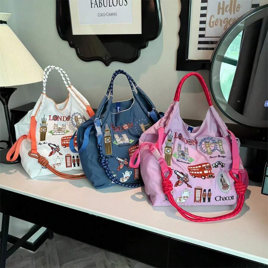 MZTKIN 1 件轻便可折叠尼龙比格犬刺绣手提包，大容量休闲单肩包，适合海滩、购物、办公室工作、户外活动，是送给女孩、学生、职业女性、母亲的完美礼物 - 灰色 - 查看 1