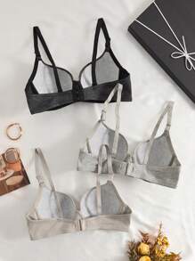 3 piezas Sujetador cómodo de algodón sólido con aros blandos y multicolor para dormir, ropa interior de lencería para mujer