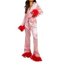 Women's Satin Pajama Set Heart Print Feather Trim Cuff Long Sleeve Button Shirt Long Pants Set Sleepwear Loungewear