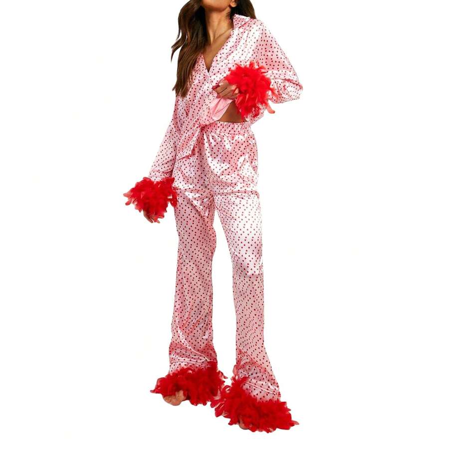 Women's Satin Pajama Set Heart Print Feather Trim Cuff Long Sleeve Button Shirt Long Pants Set Sleepwear Loungewear