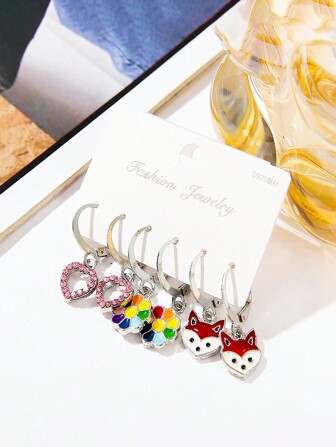 3 Pairs Girls Cute Alloy Drip-Oil Animal Floral Rhinestone Heart Earring Sets