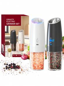 CLITON 重力电动盐胡椒研磨机 - 选择 2 套或单台 | USB 充电式厨房电动研磨机，带可调节研磨度和 LED 灯 | 高脚玻璃杯，可再填充 | 自动操作（USB 充电/电池供电）| 可调节粗细度 | 黑色