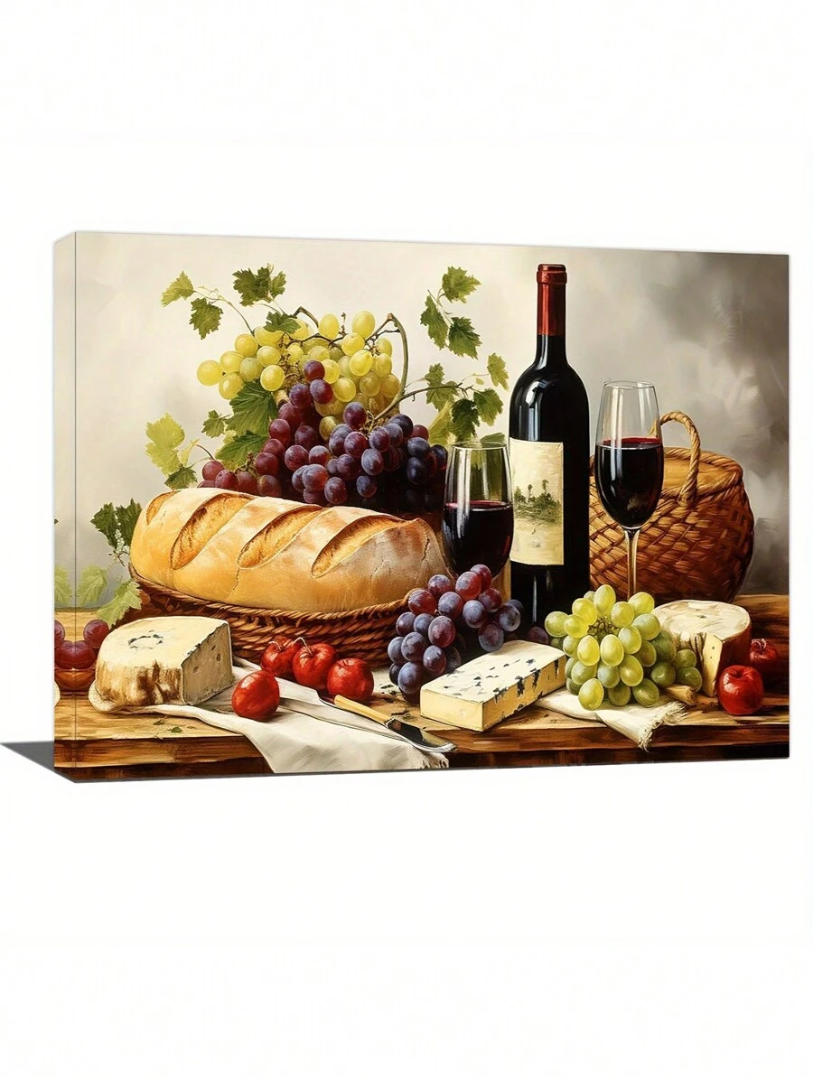 1 Stück Vintage Wein & Trauben Leinwandkunst - Küchen Wanddekoration, Rotwein Flasche & Glas mit Brot und Käse Stillleben, Mardi Gras Bachelor Party dekorativer Muster - Ungefasst