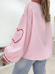 Women Long Sleeve Shirts Heart Embroidery Plaid Front Bowknot Tie-Up Blouses Fashion Spring Summer Casual Tops - 粉色 - 查看 8