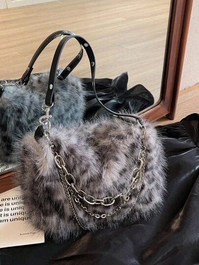 1 件灰色豹纹斑点毛绒链条单肩包/腋下包，时尚秋冬，完美搭配秋季服装女士秋季服装